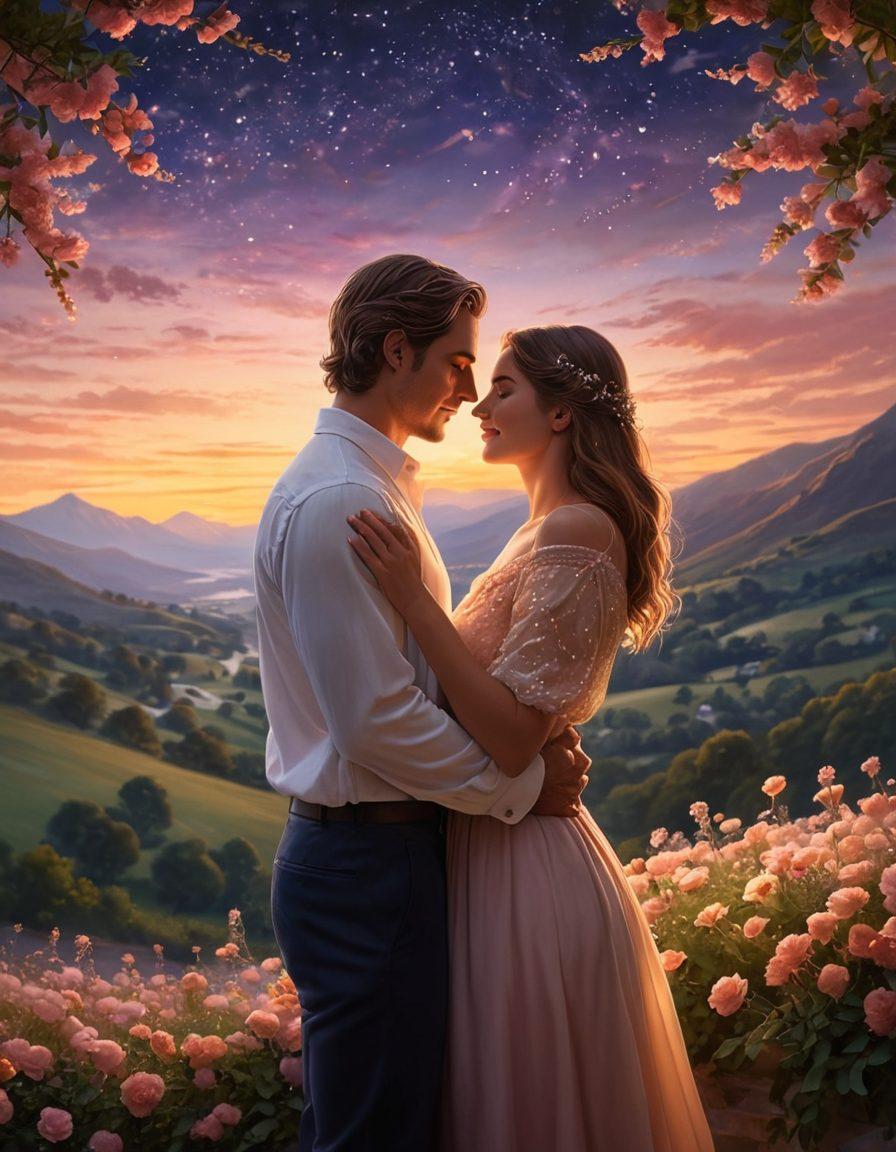 A romantic scene depicting a couple embracing under a starlit sky, surrounded by soft, glowing lights symbolizing affection. The atmosphere is warm and intimate, with delicate flowers around them representing togetherness. Subtle hints of sensuality, like intertwined hands and gentle smiles, create a feeling of union. The background features a dreamy, softly blurred landscape with a hint of evening colors. super-realistic. warm tones. intimate setting.