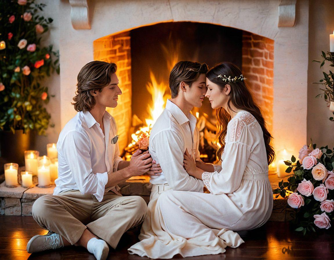 A romantic setting featuring a couple sitting by a cozy fire, surrounded by soft, glowing candlelight. They are gazing into each other’s eyes, with passion and warmth reflected in their expressions. Soft pastel colors wash over the scene, enhancing the intimate atmosphere. Sprigs of roses and heart-shaped decorations subtly hint at love and affection. dreamy, soft-focus, warm colors, romantic, painting.