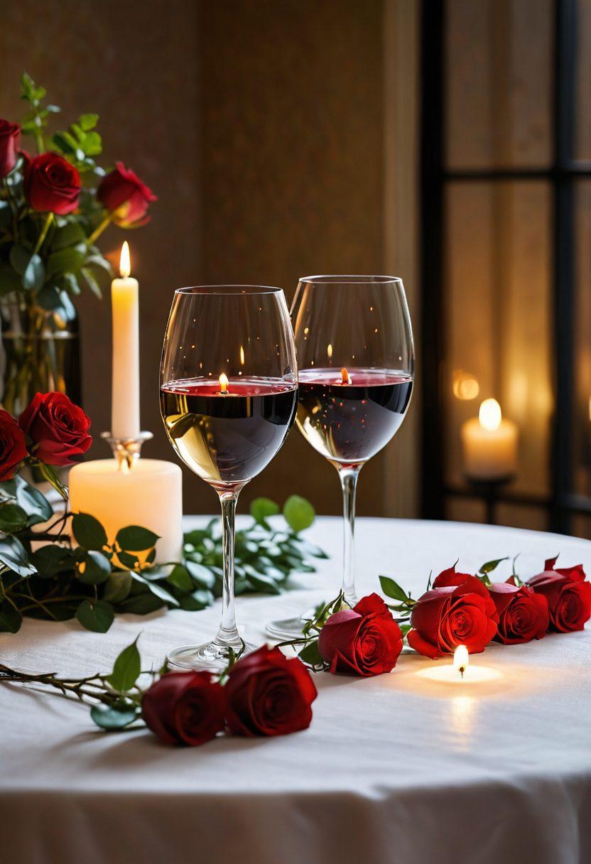 A cozy candle-lit dinner table set for two, adorned with roses, soft glowing fairy lights, and two wine glasses, evoking romance and intimacy. In the background, a faint silhouette of a couple sharing a smile, representing flirtation and connection. The overall ambiance is warm and inviting, symbolizing love and rekindling sparks. super-realistic. vibrant colors. soft focus.